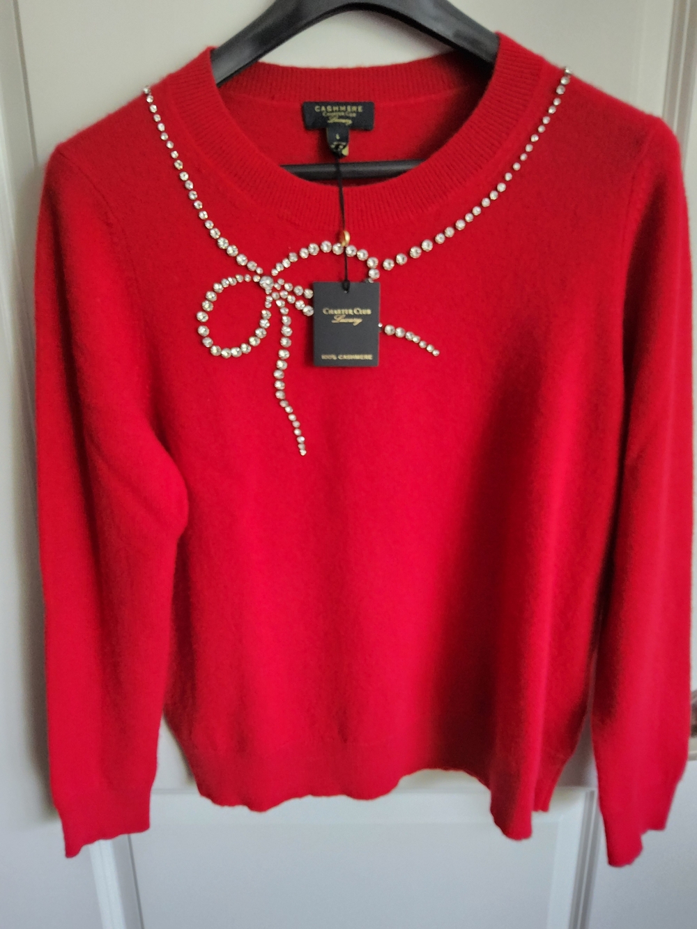 Charter Club Red Cashmere Crewneck with Crystal Bow